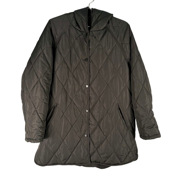 The Unbranded Brand Jackets & Blazers - Black Quilted Hooded Snap Front Jacket Women XL Mid-Length Coat